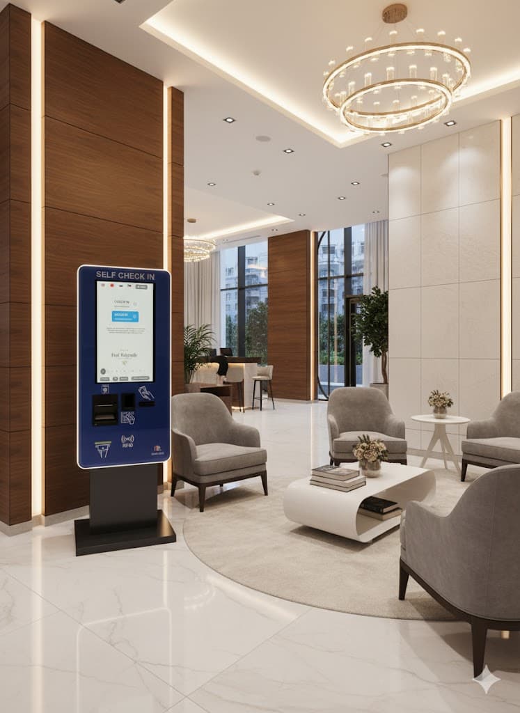 Moderna digitalna recepcija u luksuznom hotel lobby-ju